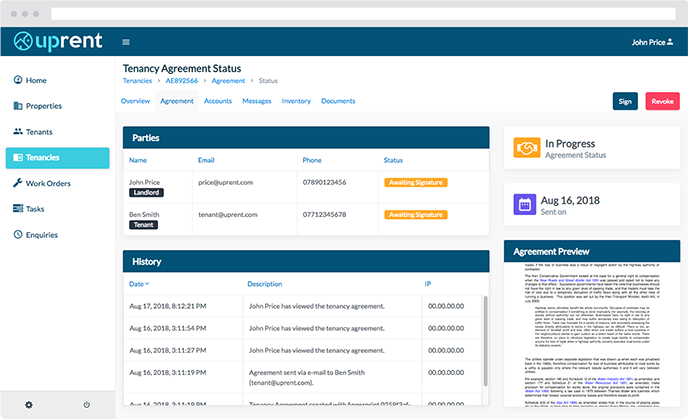 Example of an electronic agreement on Uprent